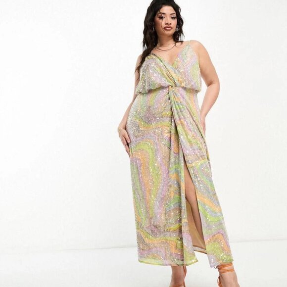 NWT ASOS EDITION Curve twist front midi dress pastel sequin Size 14 NEVER WORN!! - Picture 3 of 7